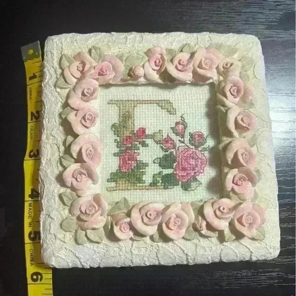Square Resin Frame W/ Pink Roses Cream Colored Cross Stitch Letter E W/ Roses - Picture 5 of 7